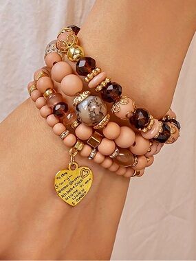 New! Blush Multi Beaded with Gold Heart Charm Stackable Bracelet Set (NWT)